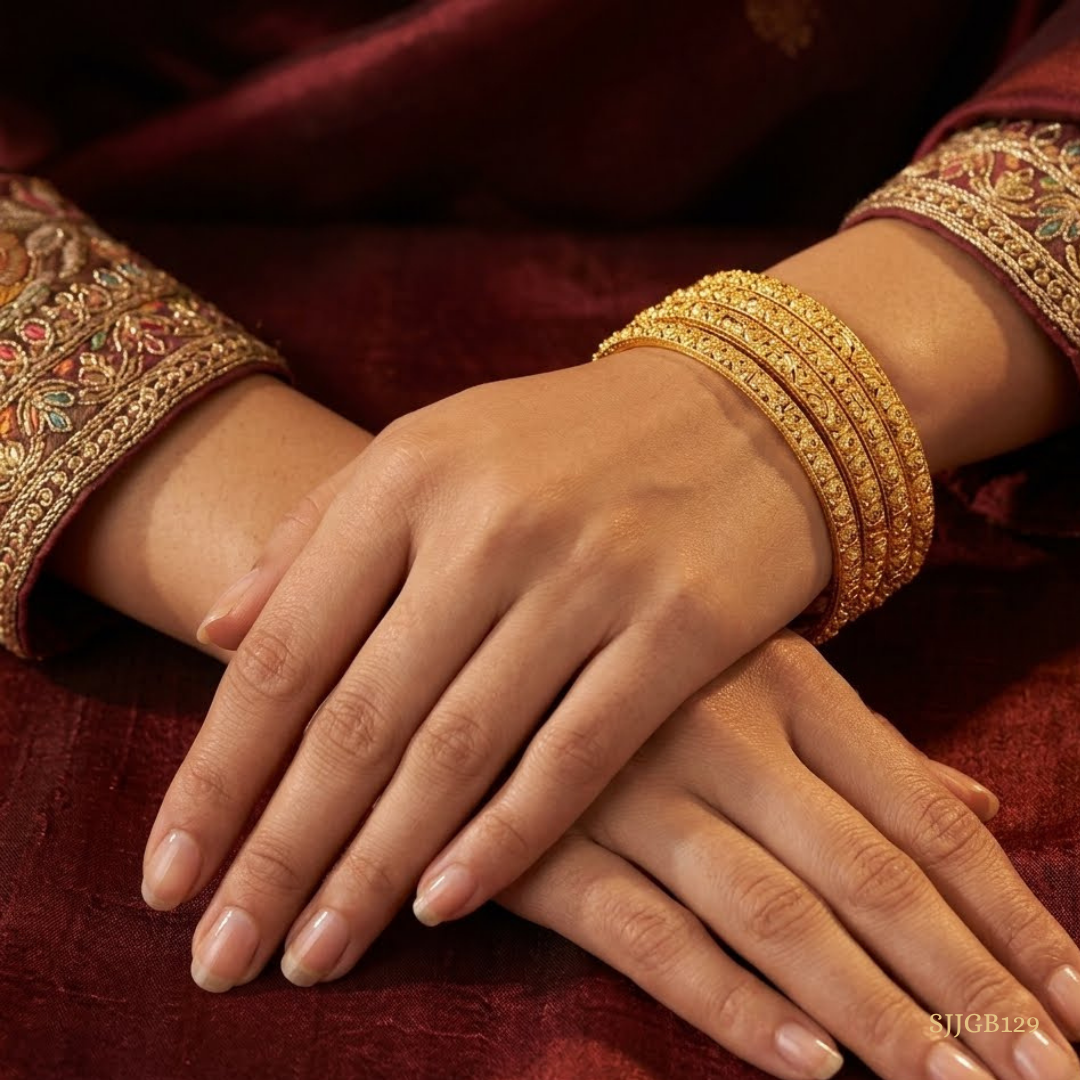 SJJGB129 | Floral Touch Trendy Gold Bangle with Elegant Artistic Detailing
