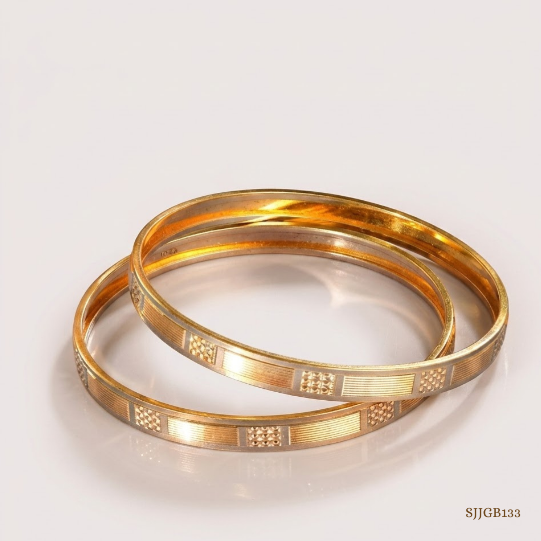 SJJGB133 | Modish Yellow Gold Carved Bangles with Artistic Detailing