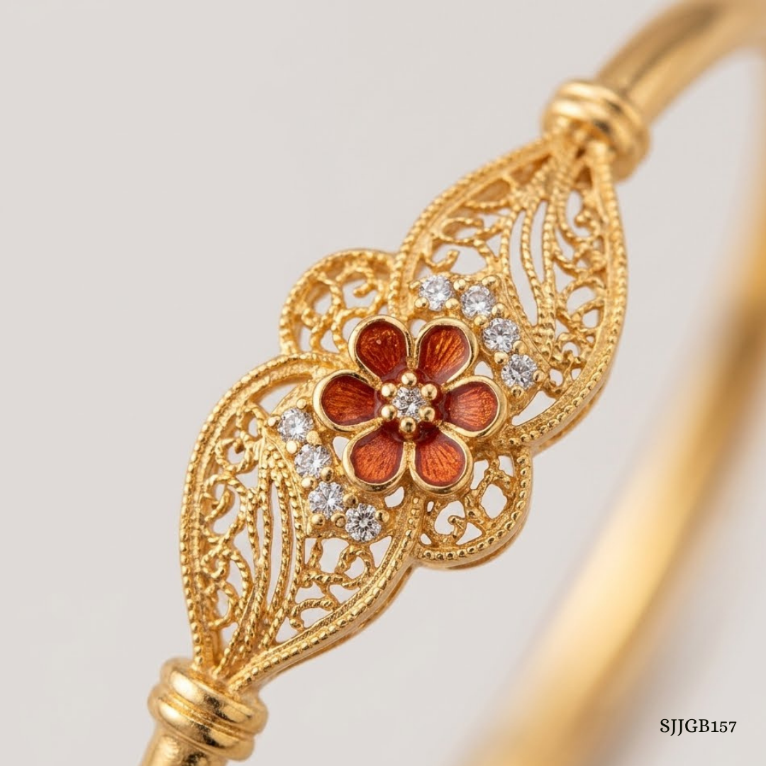 SJJGB157 | Floral Enchantment Designer Gold Bangle with Elegant Detailing