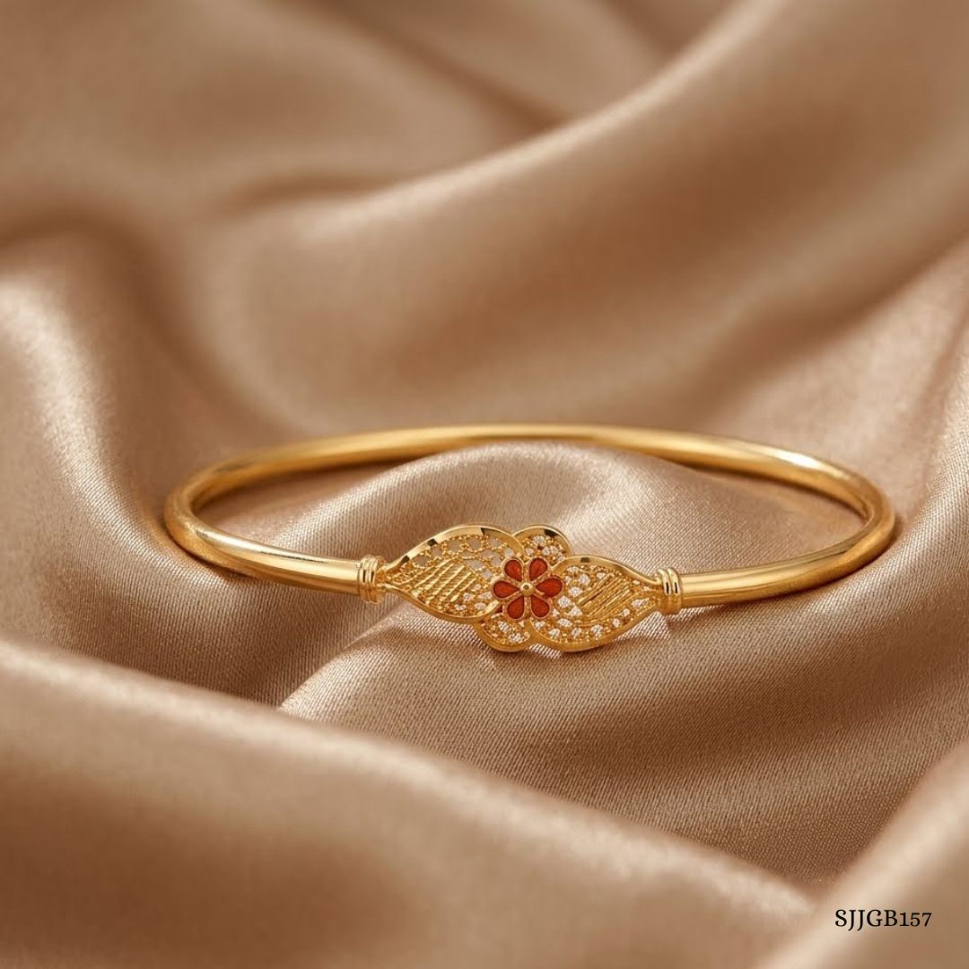 SJJGB157 | Floral Enchantment Designer Gold Bangle with Elegant Detailing