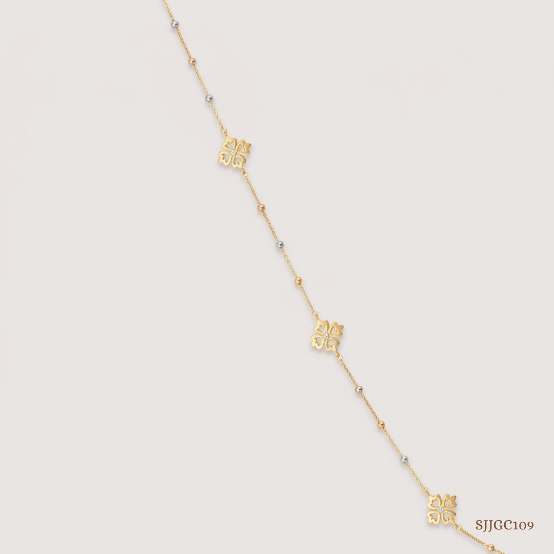 SJJGC109 | Tri Tone Clover Bead Station Gold Chain