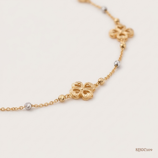 SJJGC109 | Tri Tone Clover Bead Station Gold Chain