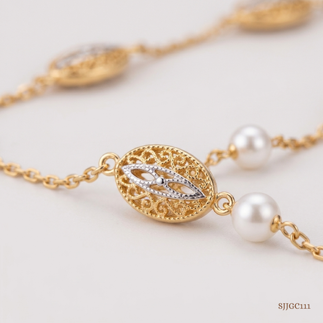 SJJGC111 | Filigree Bloom Pearl Accent Gold Chain