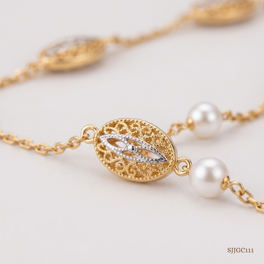SJJGC111 | Filigree Bloom Pearl Accent Gold Chain