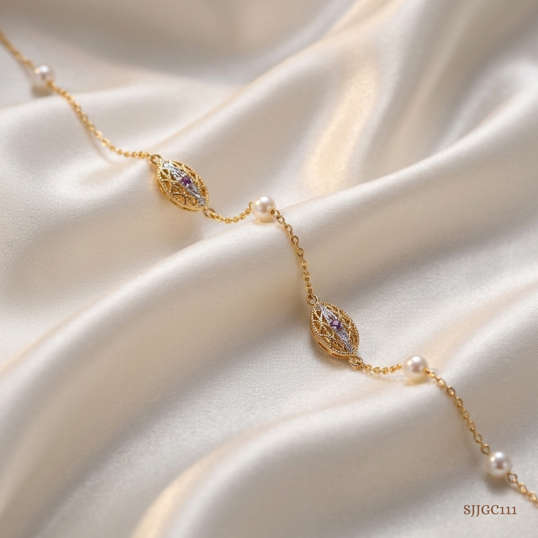 SJJGC111 | Filigree Bloom Pearl Accent Gold Chain