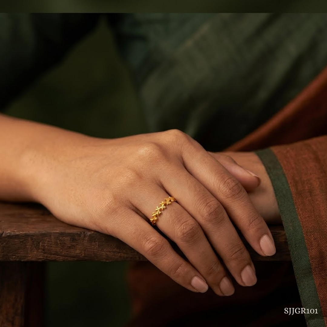 SJJGR101 | Entrancing Nature-Inspired Leaf Pattern Designer Gold Finger Ring for Women